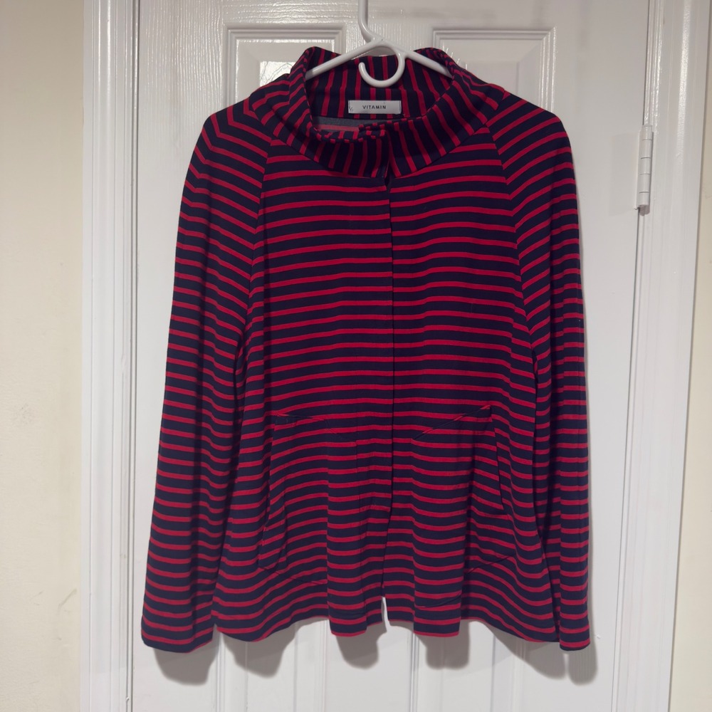 Vitamin Navy Red Stripe‎ Snap Front Cardigan Jacket Women's M/L (Estimated)